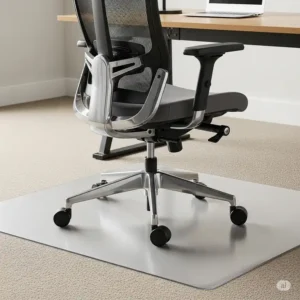 Side profile of a robust office chair mat for carpeted floors polycarbonate, highlighting its optimal thickness and bevelled edge for easy chair transition.