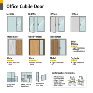 Infographic displaying various types of office cubicle doors, including sliding and hinged options.