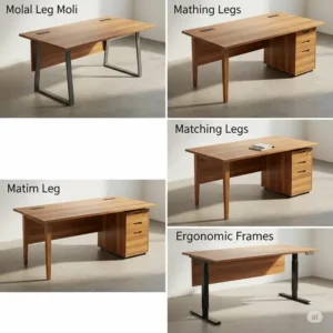 Visual representation of a wood for office desk paired with various leg options, including sleek metal, matching wood, and height-adjustable frames for ergonomic versatility.