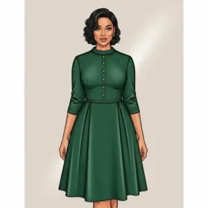 Illustration of an elegant A-line plus size office dress, offering a flattering silhouette for professional settings.