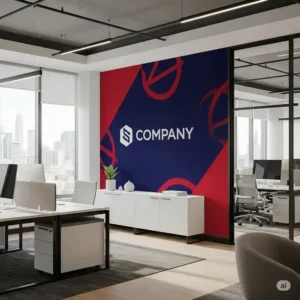  Professional corporate office showcasing custom branded wallpaper, reflecting company identity in the office decor.