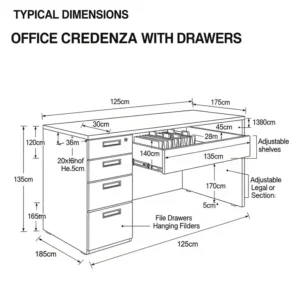 Diagram illustrating typical dimensions and measurements for an office credenza with file drawers, useful for space planning.