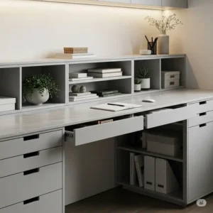 Visual representation of a custom office desk with seamlessly integrated storage solutions like drawers and shelving.