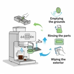 A simplified diagram demonstrating the easy cleaning and maintenance process for an office coffee brewers, emphasizing user-friendly design.