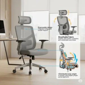 Illustration showcasing the ergonomic design of an office accent chair, focusing on features that provide comfort and support.