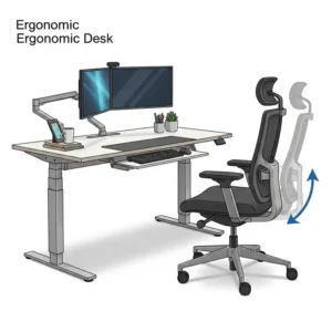 An illustration highlighting an ergonomic office desk with a chair designed for optimal posture and comfort.