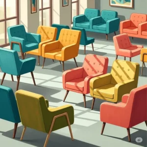 Illustration of stylish fabric office waiting room chairs in a variety of colors, offering a warm and welcoming feel.