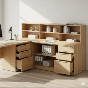 L-shaped executive office desk featuring integrated drawers and shelving units for organized and accessible storage.