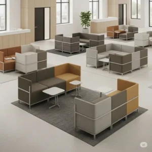 Flexible modular office reception chairs arranged to accommodate different group sizes, maximizing space efficiency.