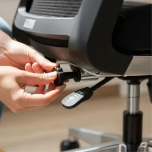 User adjusting the tension knob on an office chair rocker to customize the rocking resistance.