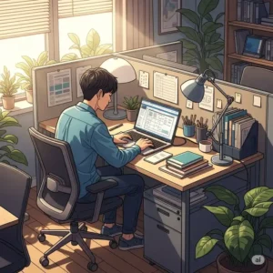 Illustration of a person focused on work at a comfortable cube office desk, highlighting a productive workspace.