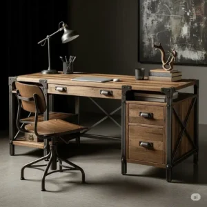 A rustic office desk design incorporating industrial-style metal accents and exposed hardware.