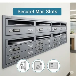 Illustration of office mail slots featuring secure, lockable compartments, emphasizing confidential document handling.