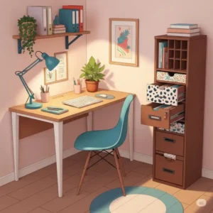 Illustration showing a space-saving office desk and file cabinet designed for compact areas.
