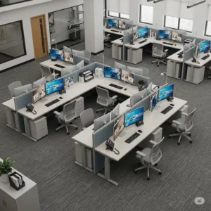 Ergonomic u shaped office table design in a call center, providing ample space for computer equipment and promoting employee comfort and productivity.