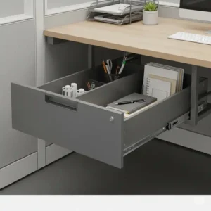 A sleek, pull-out under-desk drawer, an essential office cubicle accessories for discreetly storing personal belongings and office supplies, maximizing desk surface.