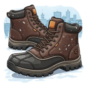 An illustration depicting waterproof office boots, featuring a durable sole and weather-resistant material, perfect for commuting in winter.