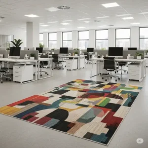 Abstract pattern office rugs adding a touch of artistic flair and visual interest to an open-plan office.