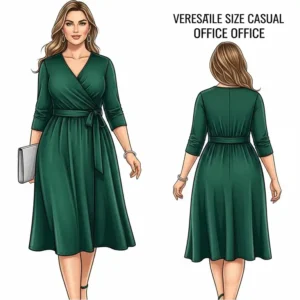 An illustration depicting a versatile plus size office dress suitable for business casual office environments.
