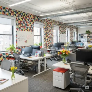 Lively collaborative workspace featuring a bold geometric pattern wallpaper, promoting dynamic office decor.
