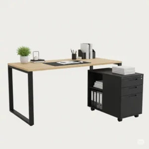 Illustration of a contemporary office desk and file cabinet on wheels, offering flexible storage solutions.