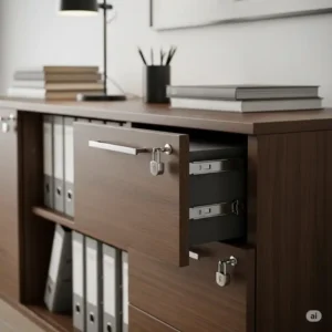Detail of an office credenza with file drawers highlighting secure, locking file drawers for confidential document storage.