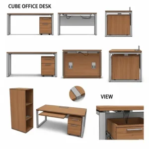 Illustration set showing various angles and design details of a contemporary cube office desk.