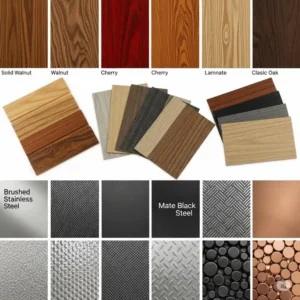 Swatches and textures showcasing popular material choices for a custom office desk, such as solid wood, laminate, and metal.