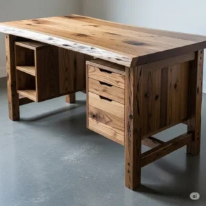 An example of a custom-built rustic office desk, showcasing unique craftsmanship and natural wood variations.