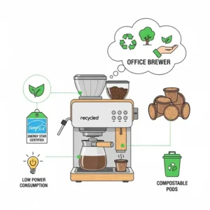 An illustration depicting sustainable features of office coffee brewers, such as energy efficiency and compostable pods, promoting eco-conscious choices.