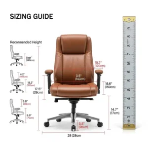 Genuine leather office chair with clear dimensions and sizing guide for proper fit.