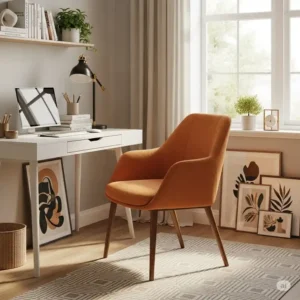An inviting office accent chair integrated into a cozy home office setup, blending functionality with residential aesthetics.