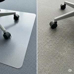 Person unrolling and positioning a new office chair mat for carpeted floors polycarbonate on a carpeted floor, demonstrating easy setup.