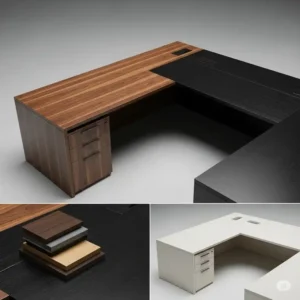 Various material and finish options for an L-shaped executive office desk, including wood grains and modern laminates.