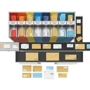 Overhead view illustration of a comprehensive mailroom sorting system utilizing multiple office mail slots for efficient package and letter distribution.