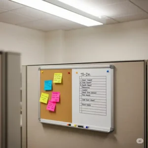 A compact magnetic whiteboard or cork bulletin board mounted on a cubicle wall, ideal for quick notes, reminders, and displaying important information as an office cubicle accessories.