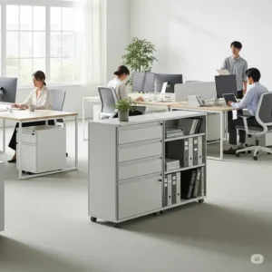 A mobile office cabinet storage unit on wheels, demonstrating flexibility and ease of rearrangement for dynamic office layouts.
