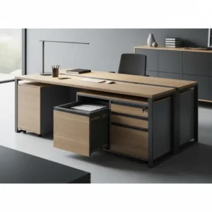 Modern desk featuring integrated modern office furniture file cabinets for seamless organization and a clean, clutter-free workspace design.