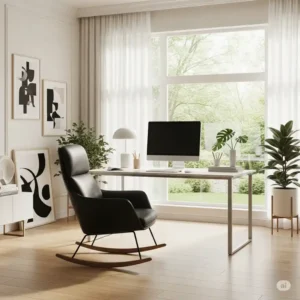 Modern home office setup featuring a stylish office chair rocker as the central seating.