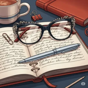Illustration featuring office siren glasses alongside other professional accessories like a sleek pen and a notebook, suggesting a complete sophisticated work ensemble.