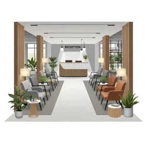 Illustration showing a thoughtful arrangement of office waiting room chairs in a reception area, optimizing space and flow.