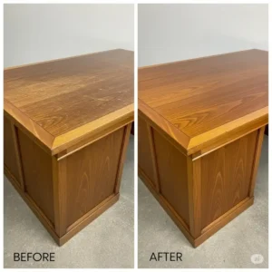 Before and after comparison of a vintage wood for office desk undergoing refurbishment, demonstrating how proper care can restore its beauty and extend its life.