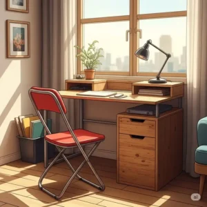 Creative illustration of a compact office desk with a chair, perfect for small apartments or limited office areas.