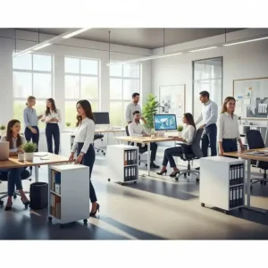 Illustration showcasing space-saving credenza office solutions, such as compact designs or wall-mounted options, ideal for optimizing smaller office layouts.