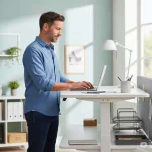 User demonstrating a versatile standing office desks discount, available with a special promotion for a healthier work routine.