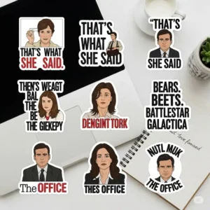A set of "The Office stickers" displaying famous quotes and phrases from the popular sitcom, great for adding humor to everyday items.