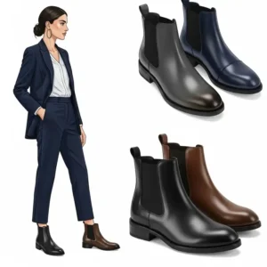 An illustration of ankle office boots paired with a business suit, highlighting how they complement professional attire for both formal and smart-casual settings.