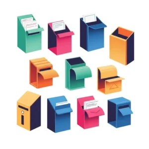 Vibrant illustration of office mail slots in various colors, suggesting customizable and aesthetically pleasing mail organization solutions.