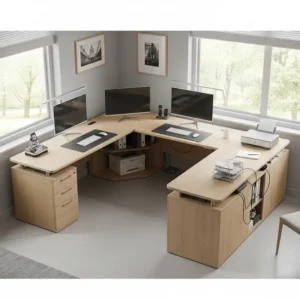 Space-saving corner u shaped office table setup, optimizing an office layout to provide extensive surface area for multiple monitors and equipment.