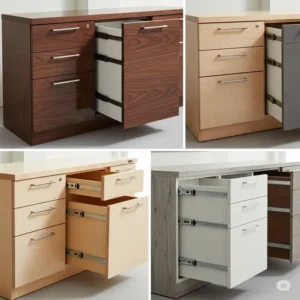 Examples of different materials and finishes available for office credenza with file drawers, such as wood veneer and laminate.